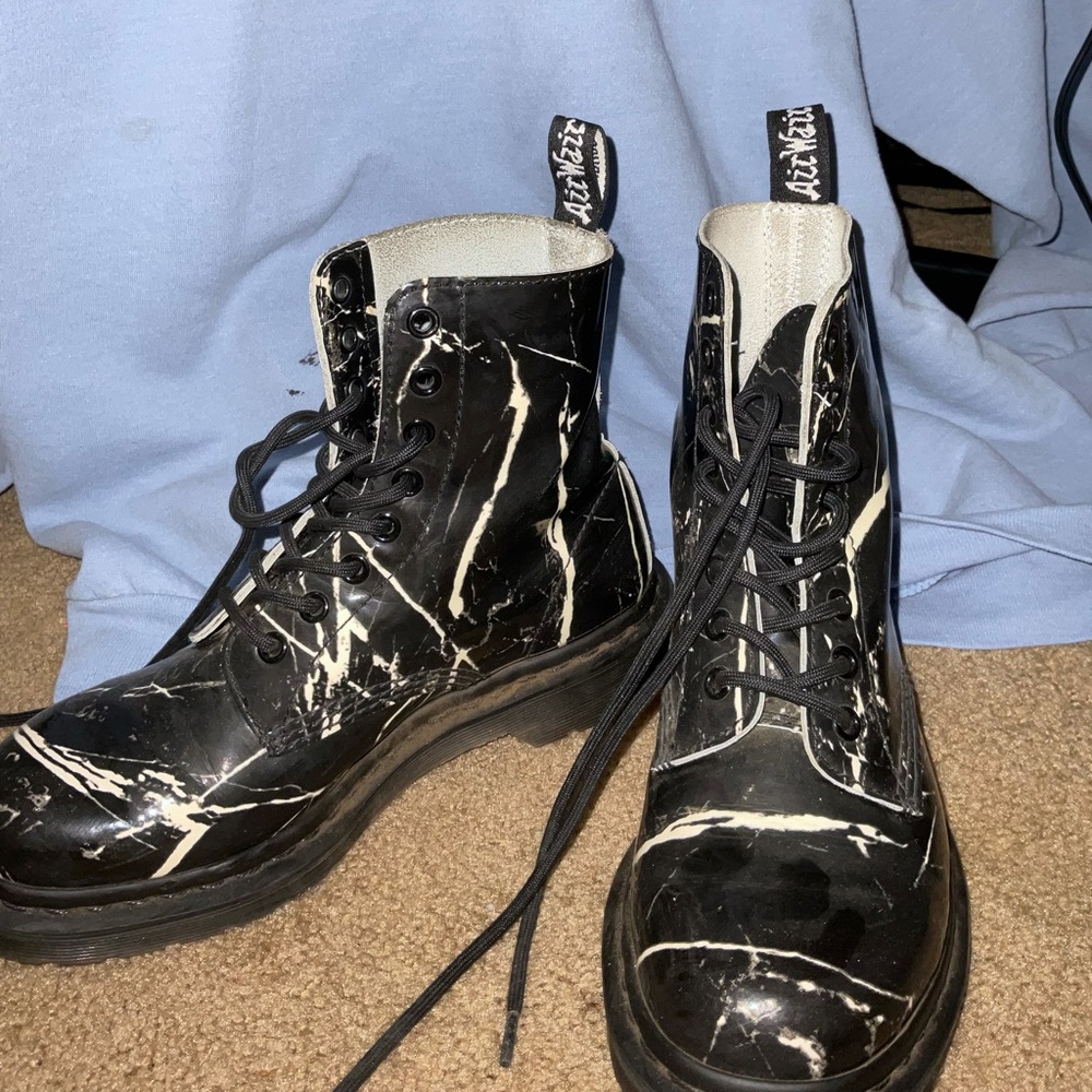 Rare Black Doc Martens with White Marbling Pattern Patent Leather
